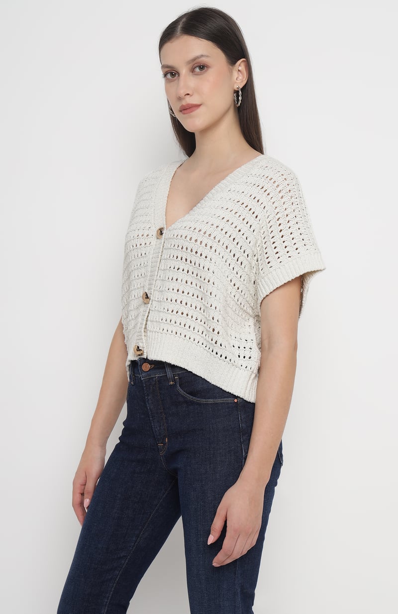 Off-White Openwork Knit Cropped Cardigan with Gold Buttons