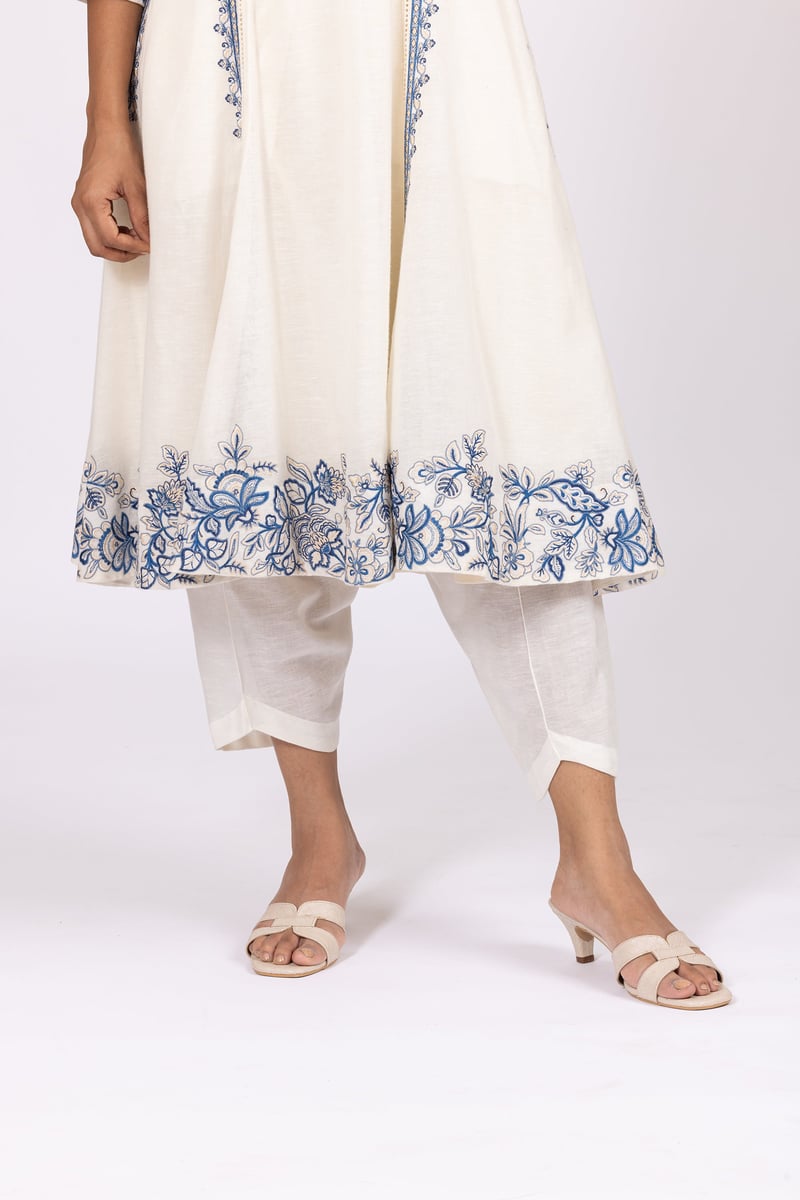 Ivory Linen A-Line Embroidered Kurta Set with Dupatta