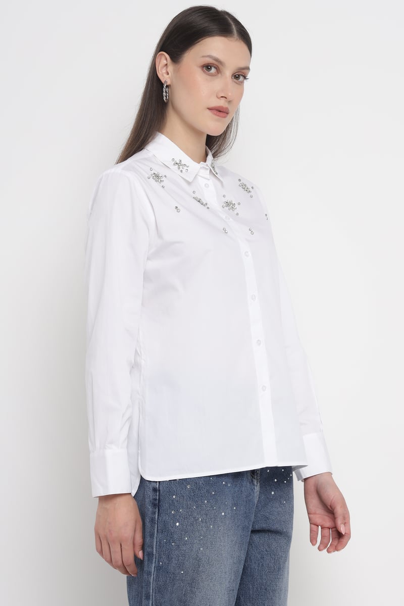 White Embellished Button-Down Cotton Shirt