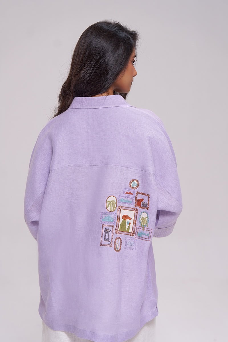 Pastel Lilac Pure Linen Relaxed-Fit Shirt with Appliqué Back