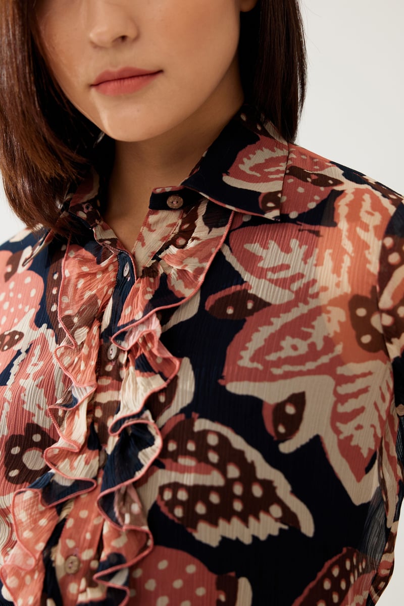 Dark Blue And Pink Floral Frill Top