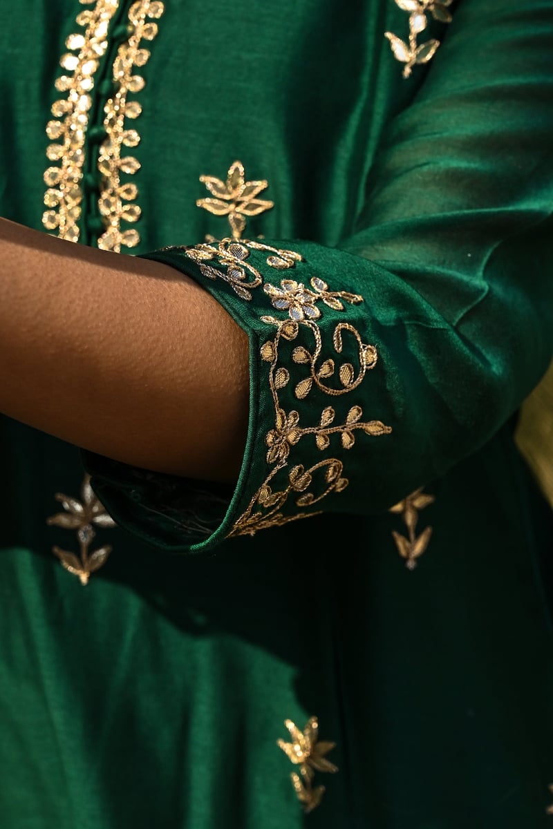 Green To Gold Gota Work Bottle Green Chanderi Suit Set
