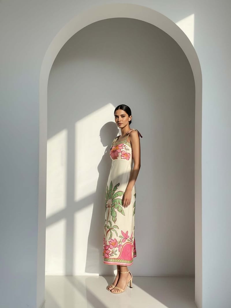 Cream Tropical Palm Print Tie-Strap Midi Dress