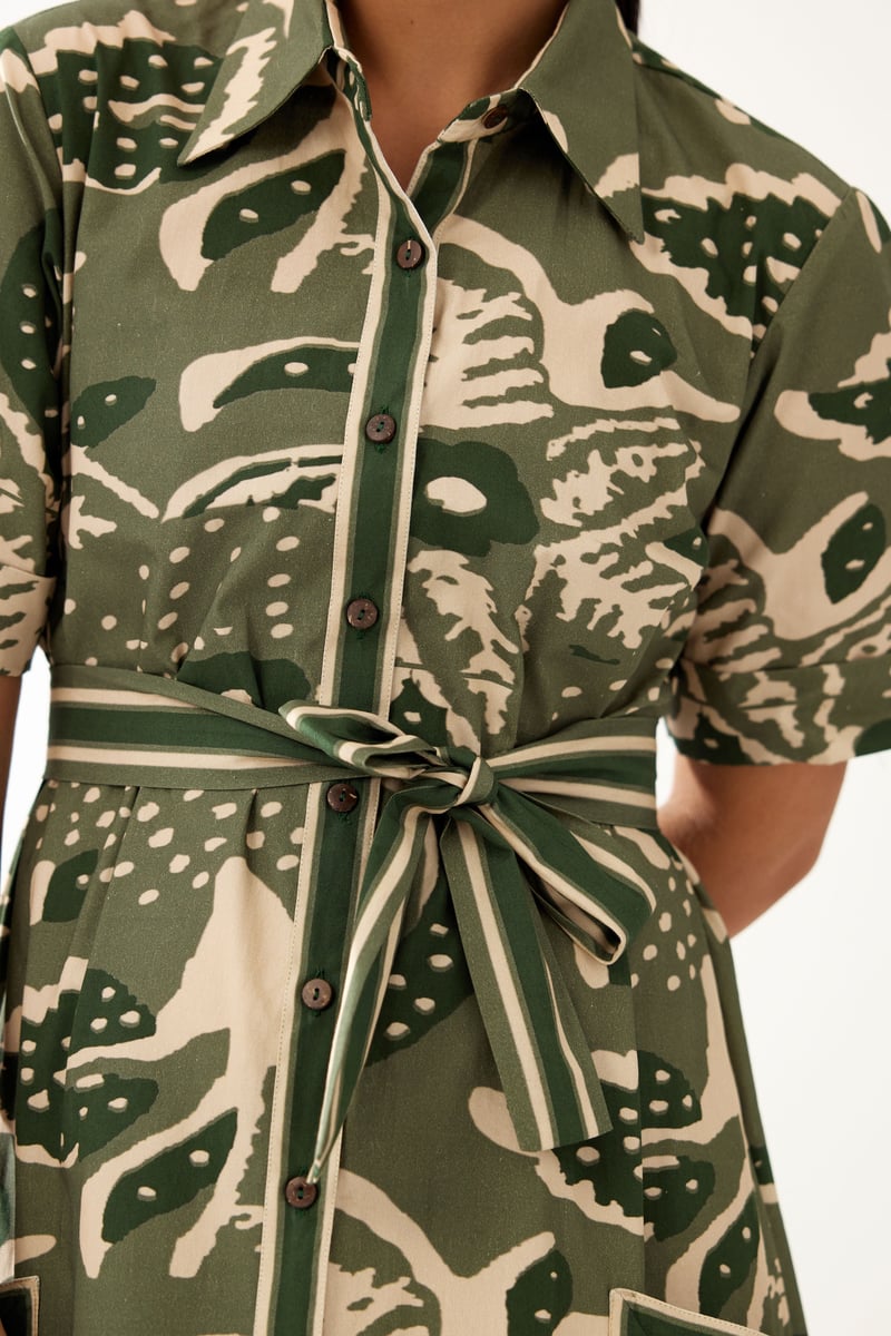 Green And Cream Floral Shirt Dress