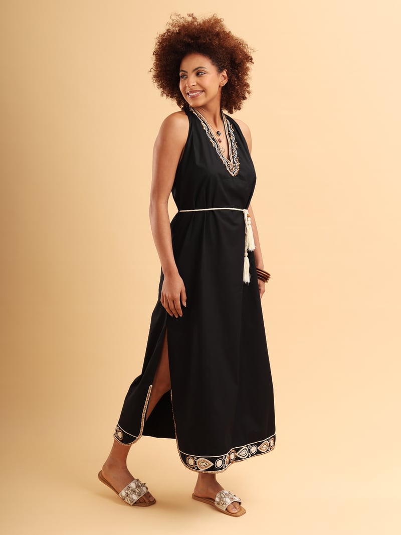 Black Halter Neck Embroidered Maxi Dress with Belt