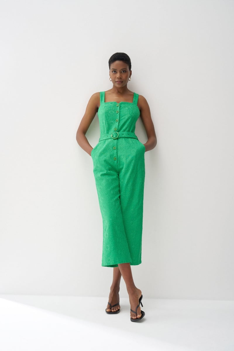 Medium Green Embroidered Belted Cropped Jumpsuit