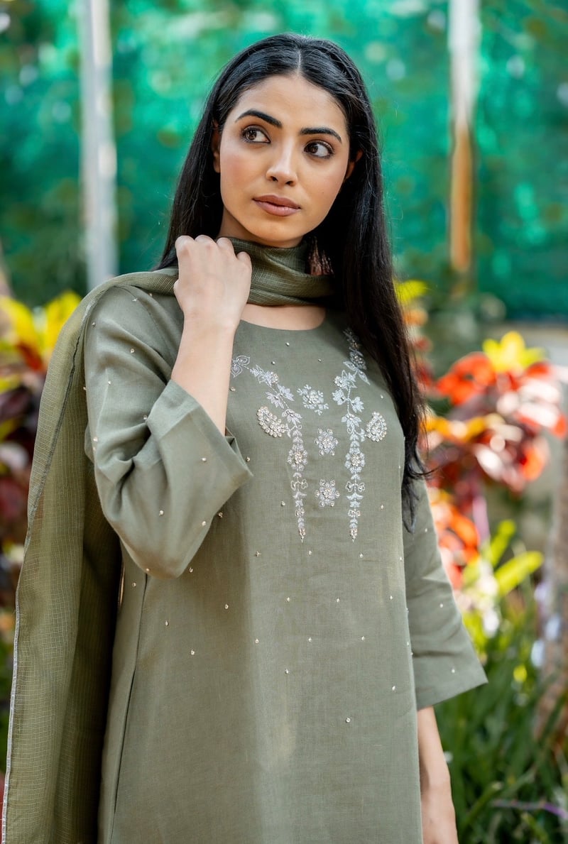Olive Green Linen Straight Kurta Set with Dupatta