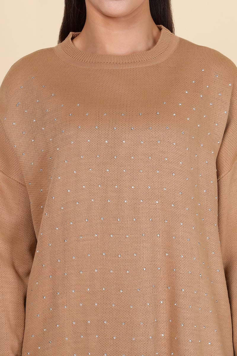 Brown Studded Knit Top and Wide-Leg Pants Co-ord Set