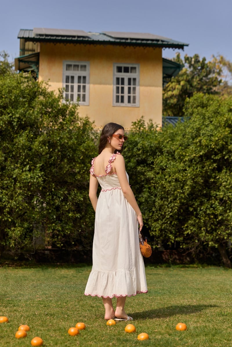 White Embroidered Strap Tiered Midi Dress