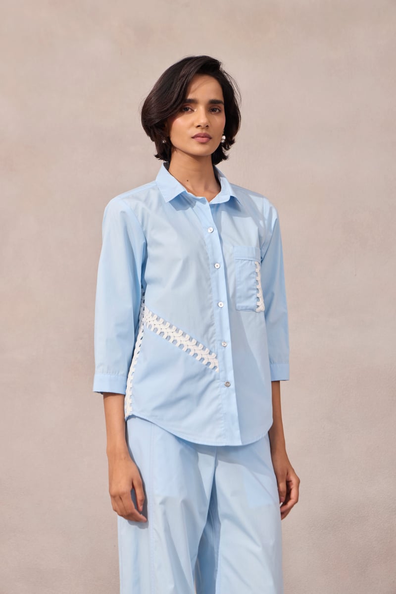 Frost Blue Cotton Poplin Shirt with Contrast Lace Inlay