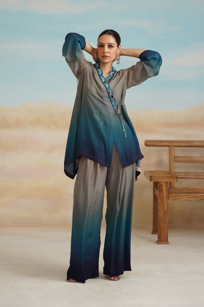 Multicolor Ombre Wrap Top and Wide-Leg Pants Co-ord Set