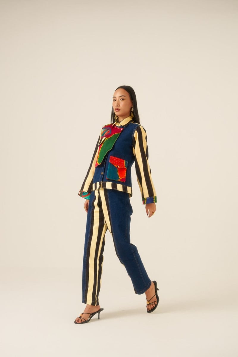 Multicolor Patchwork Denim Jacket with Striped Sleeves