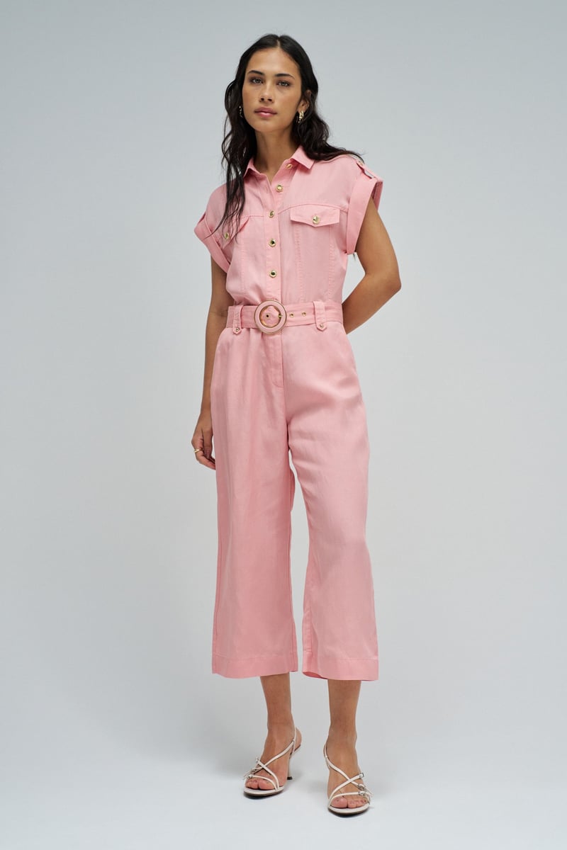 Medium Pink Light Denim Button-Front Belted Jumpsuit
