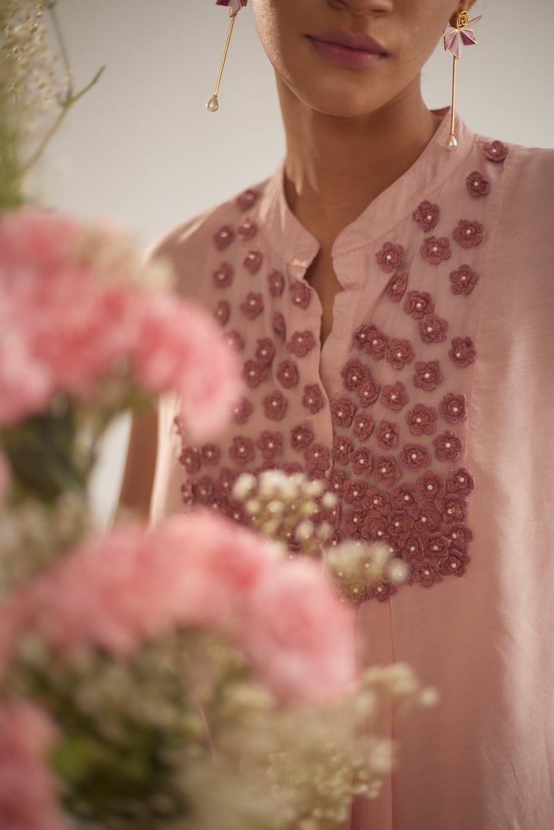 Peach Sheer Voile Top with Floral Embroidery