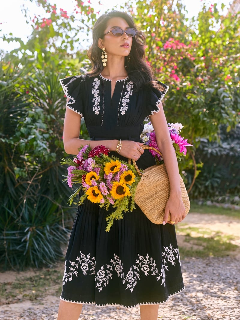 Black Embroidered Fit and Flare Midi Dress