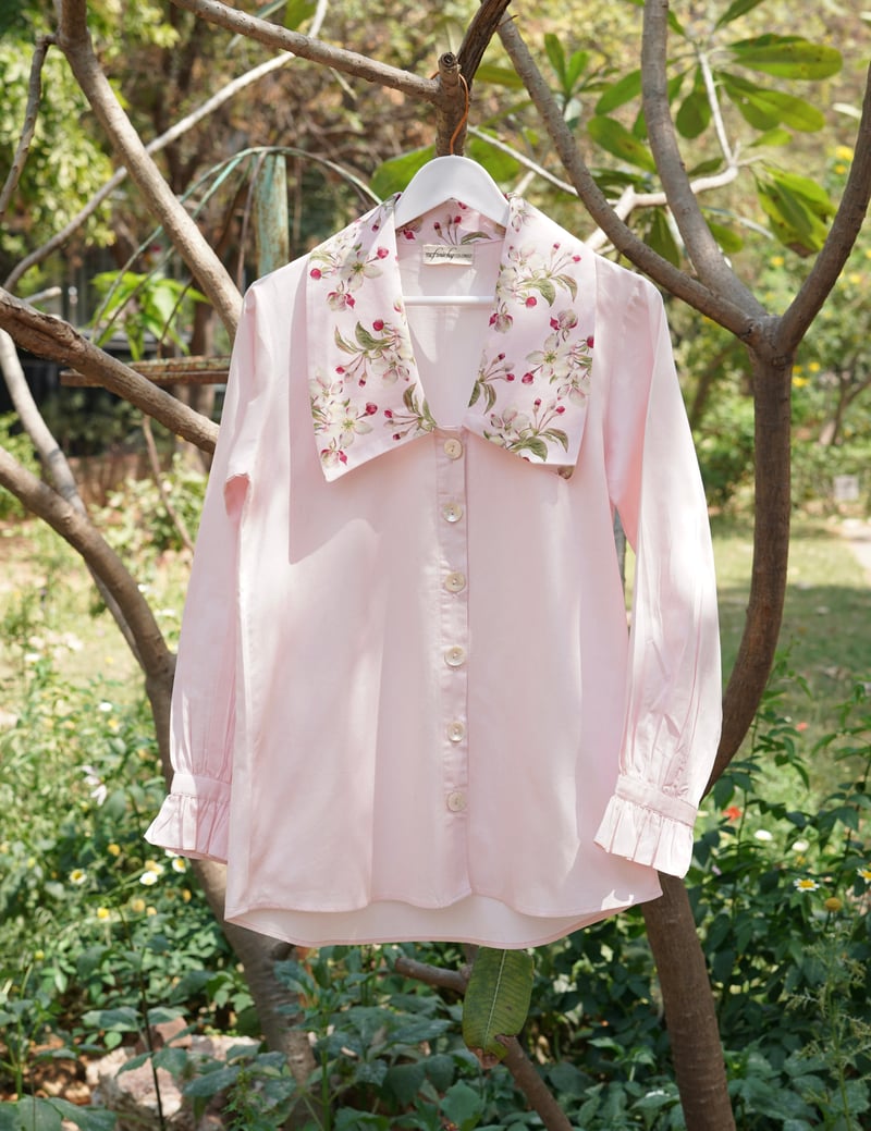 Pink Cotton Satin Shirt with Floral Statement Collar