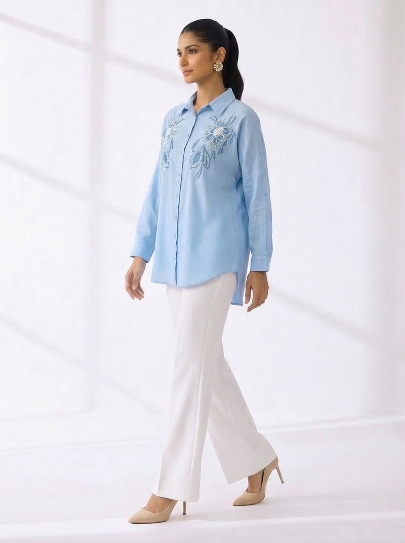 Blue Longline Shirt with Floral Chest Embroidery