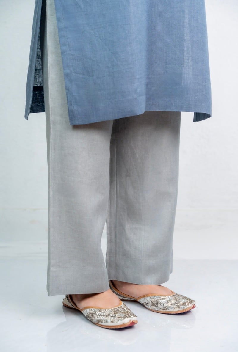 Space Blue-Grey Linen Kurta Set with Grey Pants