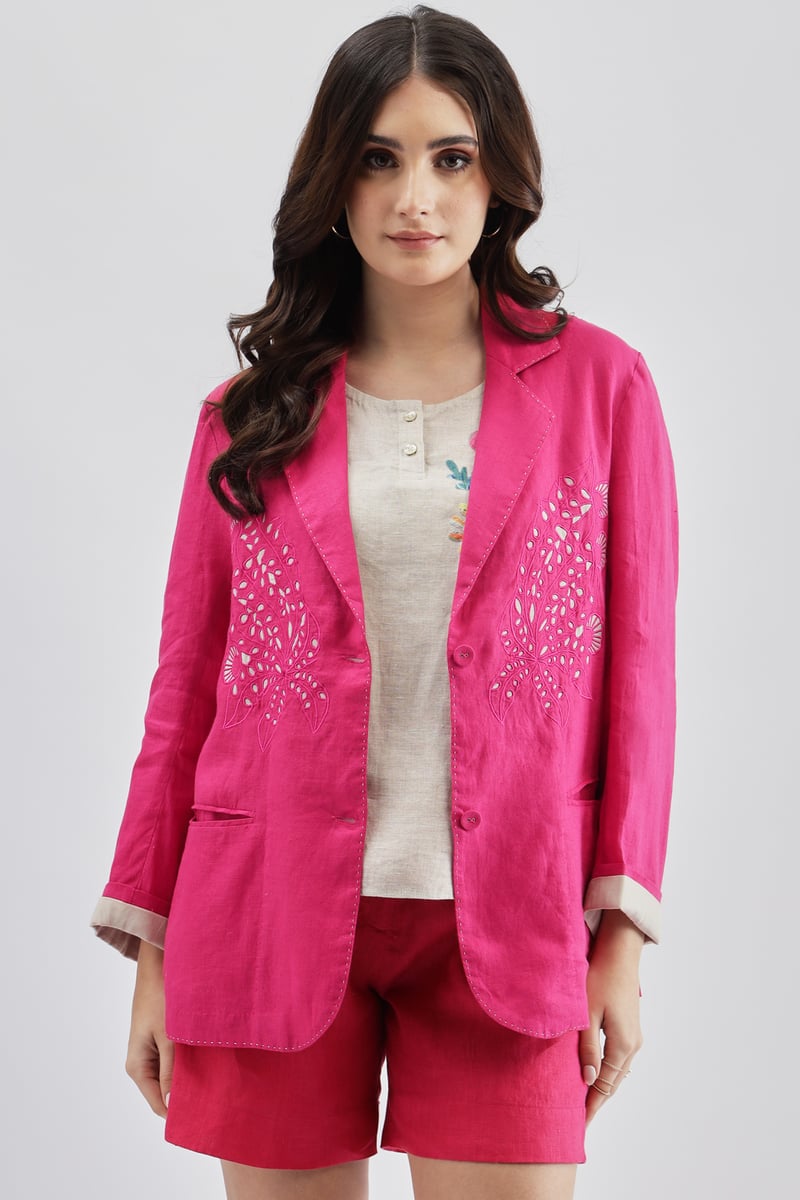 Fuschia Linen Tailored Blazer with Cutwork Detail