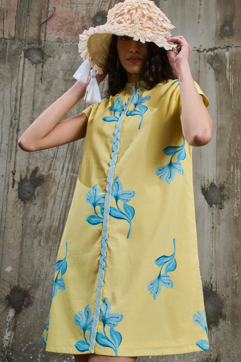 Yellow Floral Print Mini Shift Dress with Front Zip
