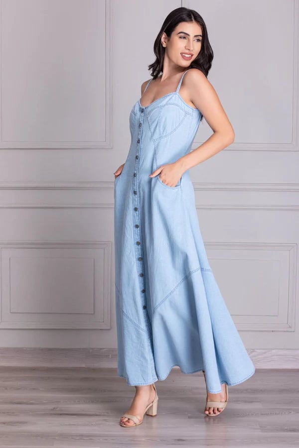 Blue Denim Button-Down A-Line Maxi Dress