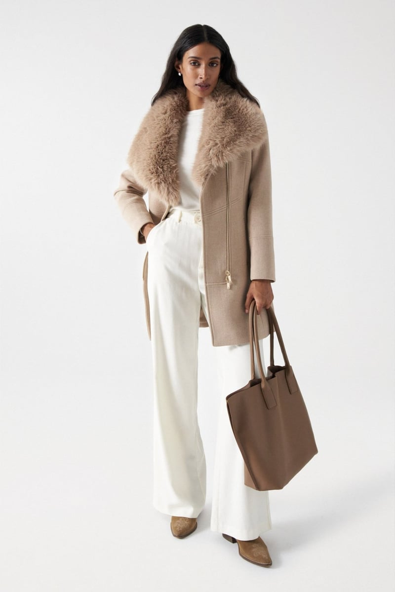 Medium Beige Longline Wool-Blend Coat with Fur Collar