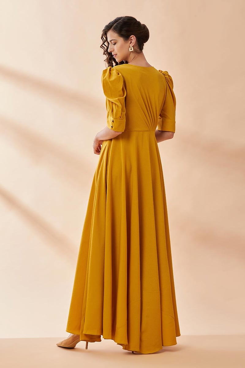 Mustard Yellow Drape Maxi Gown Dress with Angel Sleeves