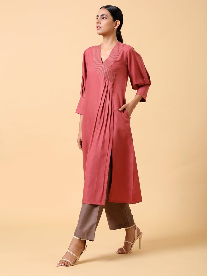 Rust Red Cotton Linen Straight Kurta Pant Set