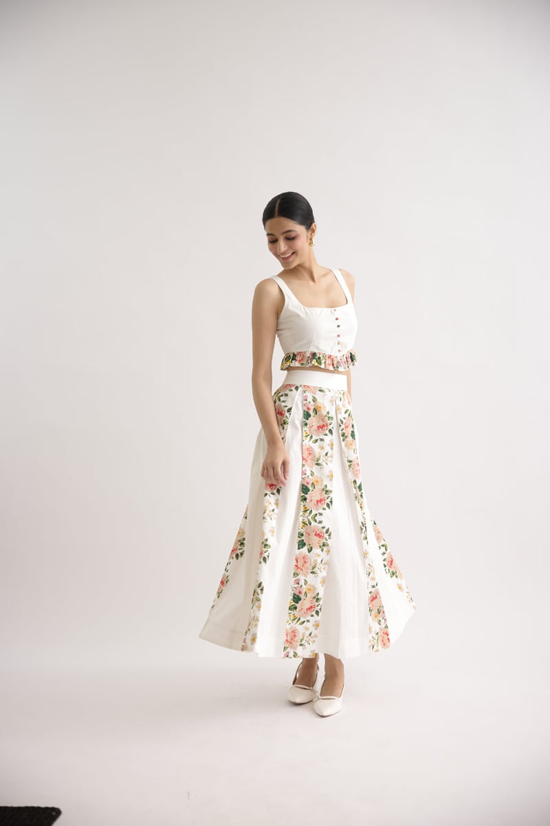 White Floral Crop Top and Midi Skirt Co-ord Set — THE FINICKY COLORIST
