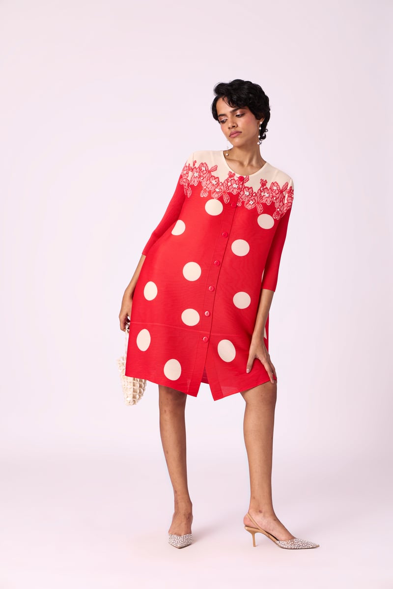 Red Polka Dot Button-Front Knee-Length A-Line Dress