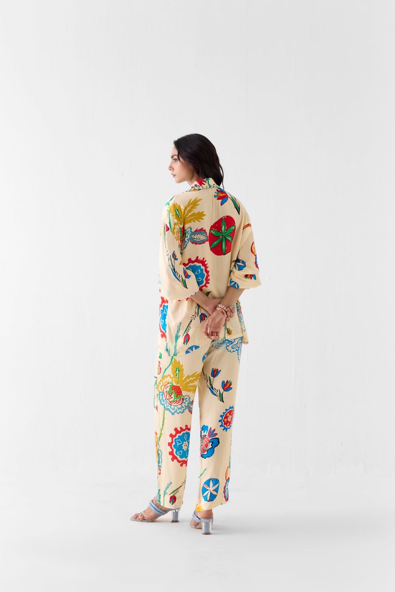 Cream Floral Printed Shirt and Trouser Co-ord Set