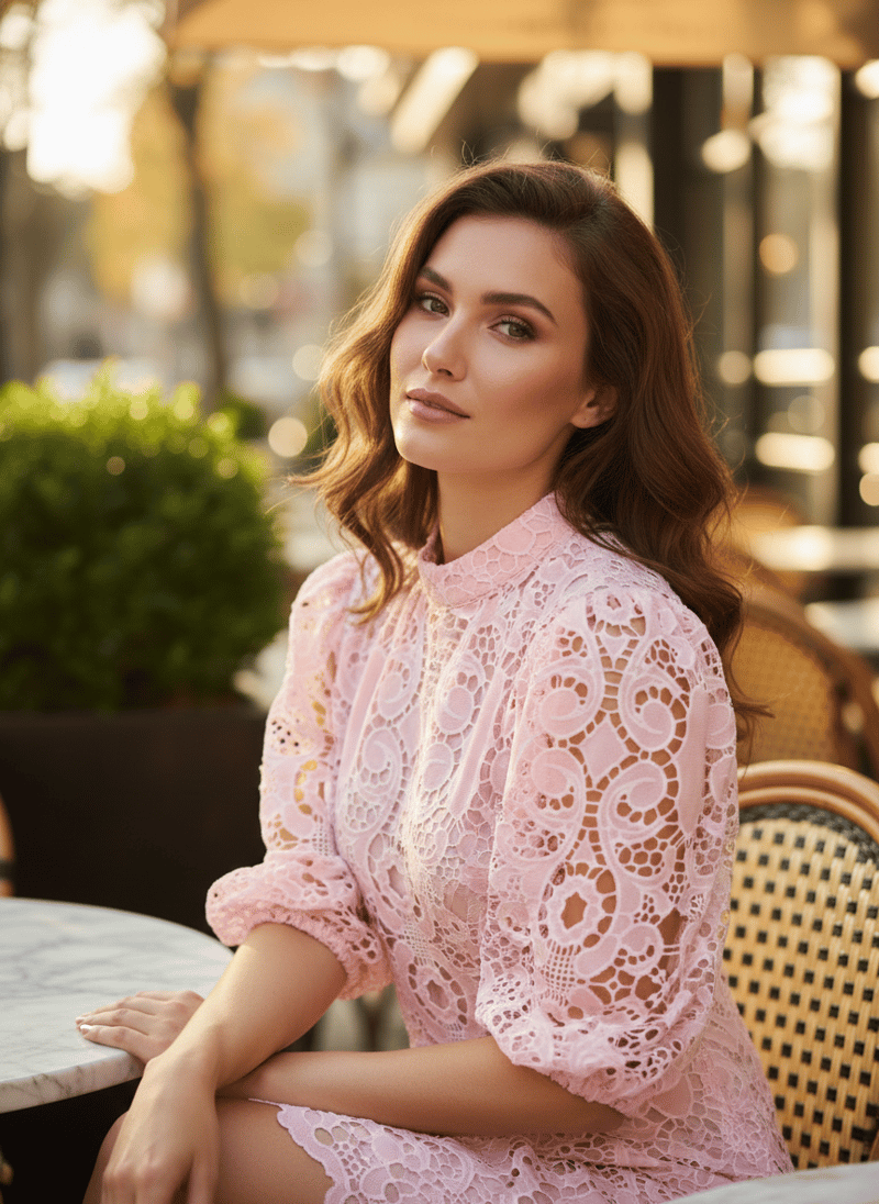 Pink Lace Mini Dress with High Neck and Button Front