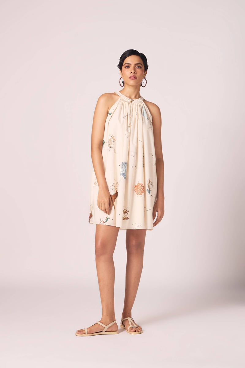 Beige Zodiac Print Halter Mini Dress with Bow-Tie Back