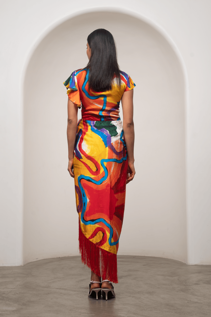 Multicolor Abstract Print Satin Fringe Midi Dress