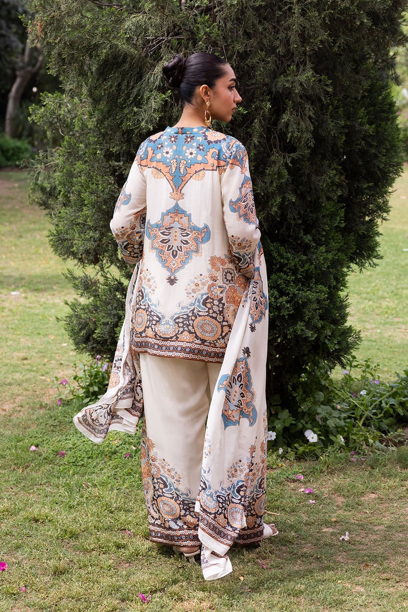 Ivory Mughal Print Muslin Kurta Set With Farshi Pants