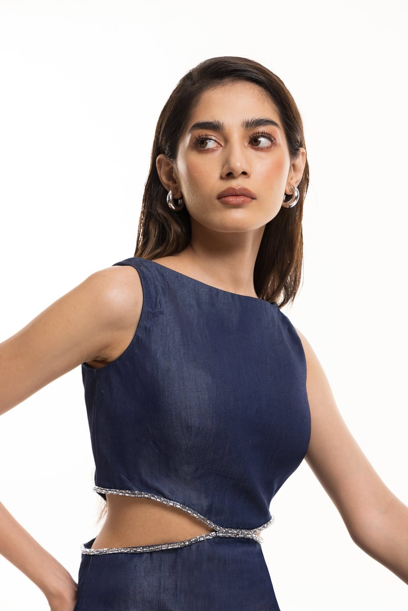 Denim Blue Cutout Waist Fit and Flare Mini Dress