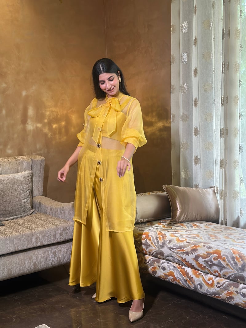 Mustard Yellow Organza Shirt and Sharara Co-ord Set