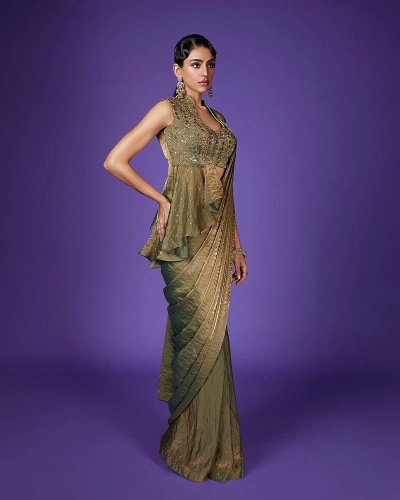 Olive Gold Shimmer Tissue Saree Set with Mirror Work Blouse