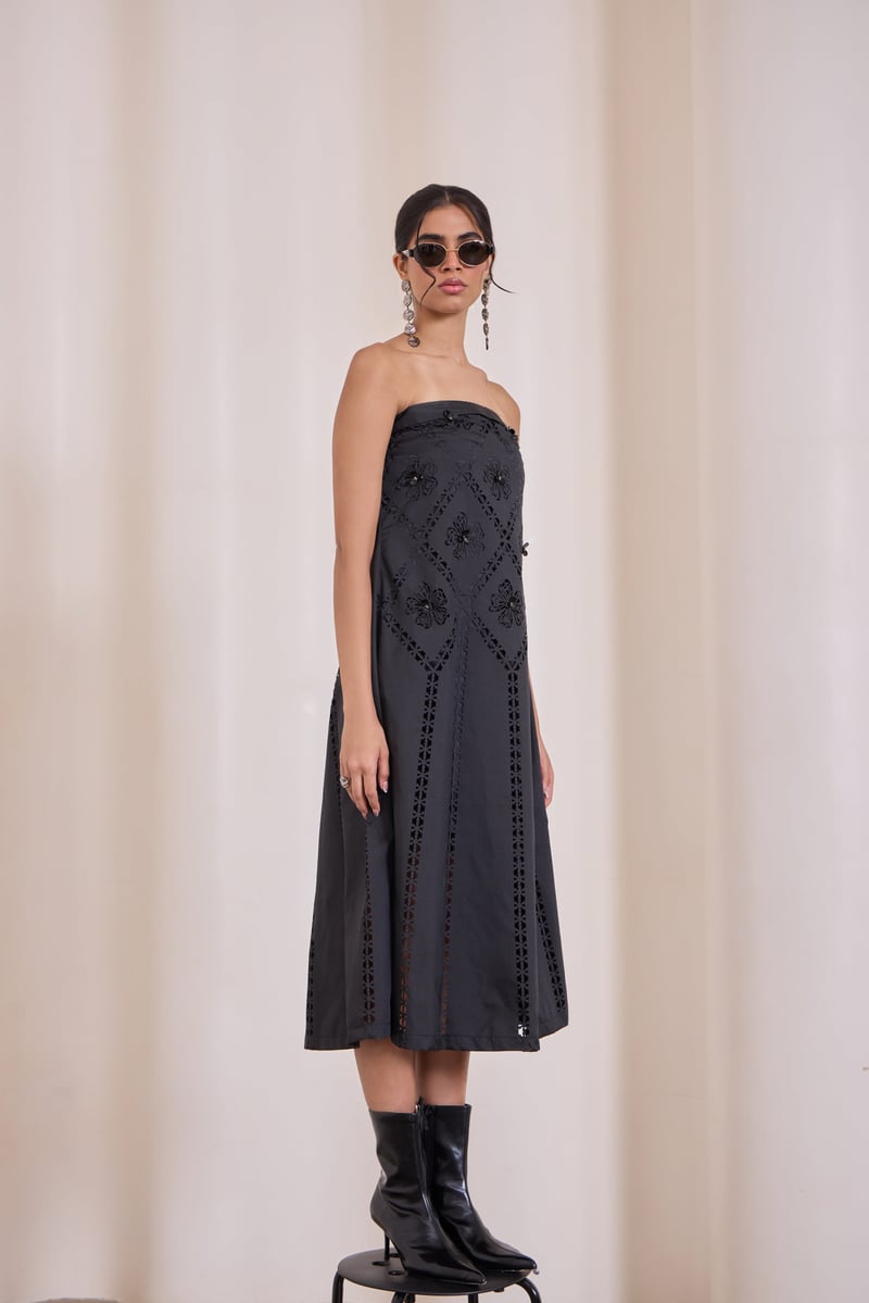 Black Strapless Cutwork Midi Dress