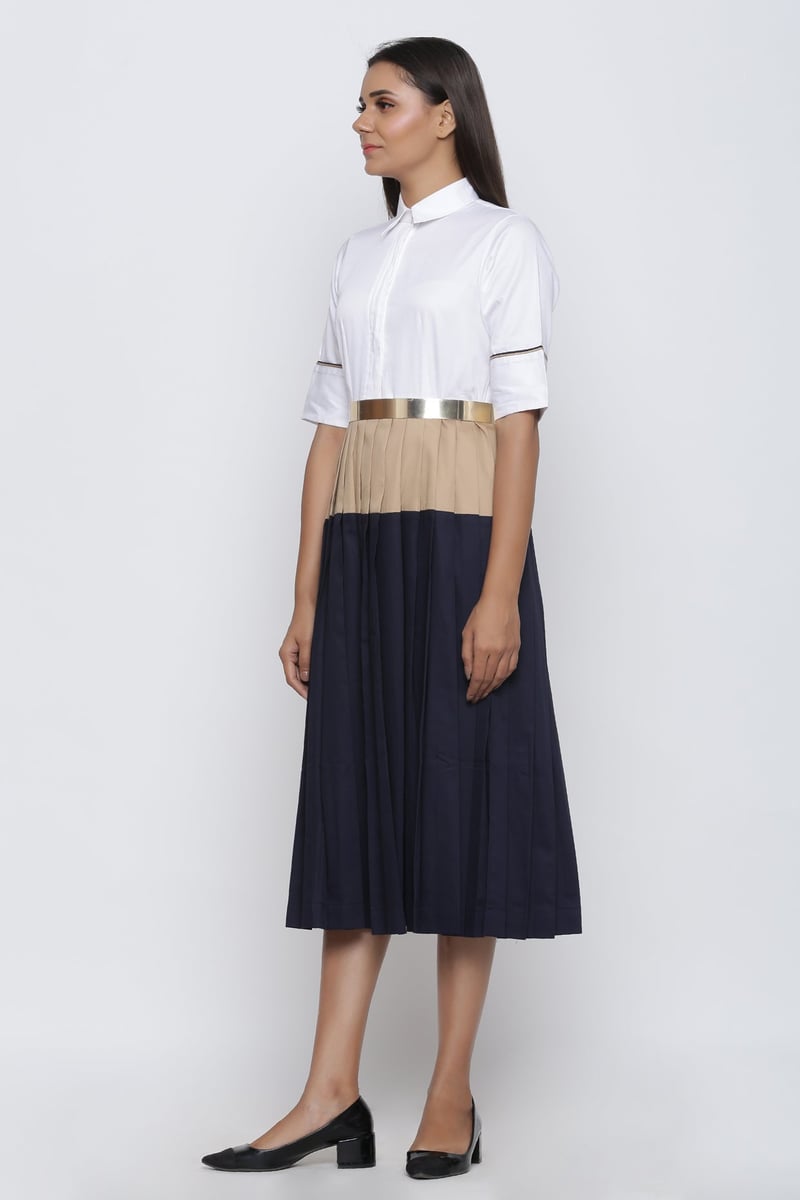 Colorblock Pleated Midi Shirt Dress