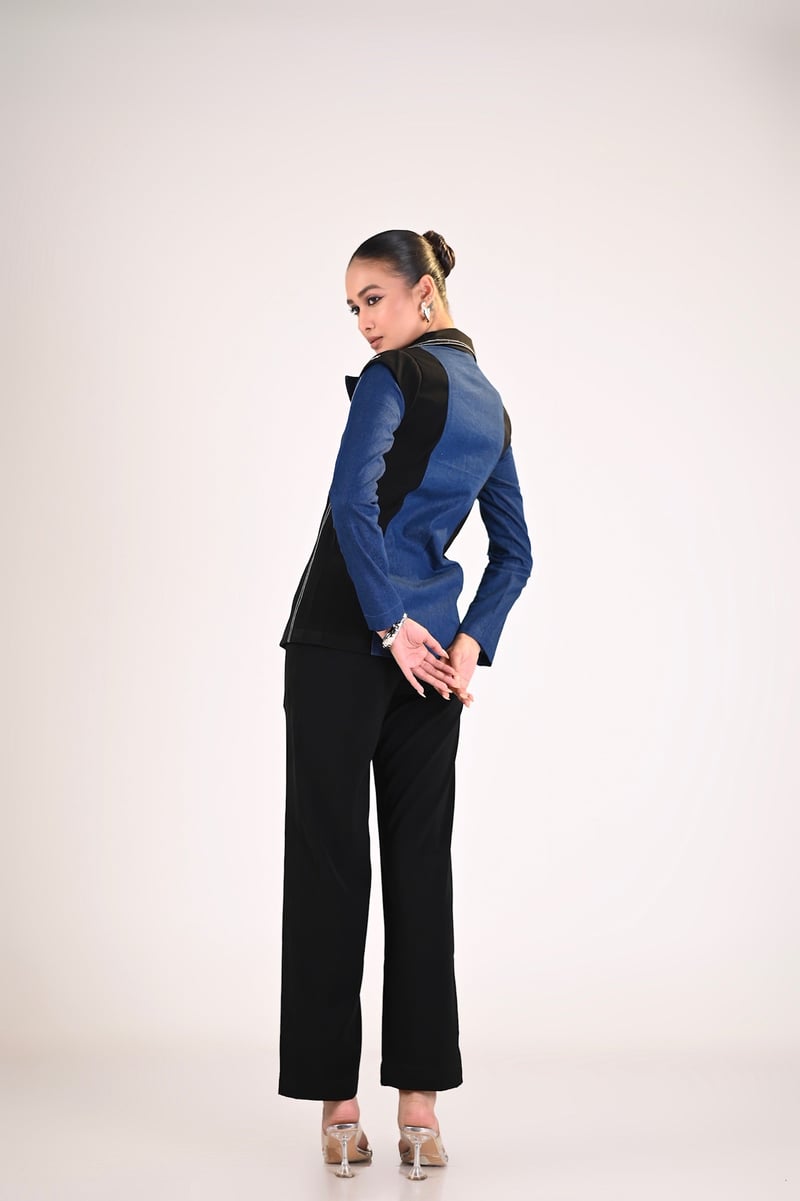Black and Blue Denim Colorblock Button-Front Shirt