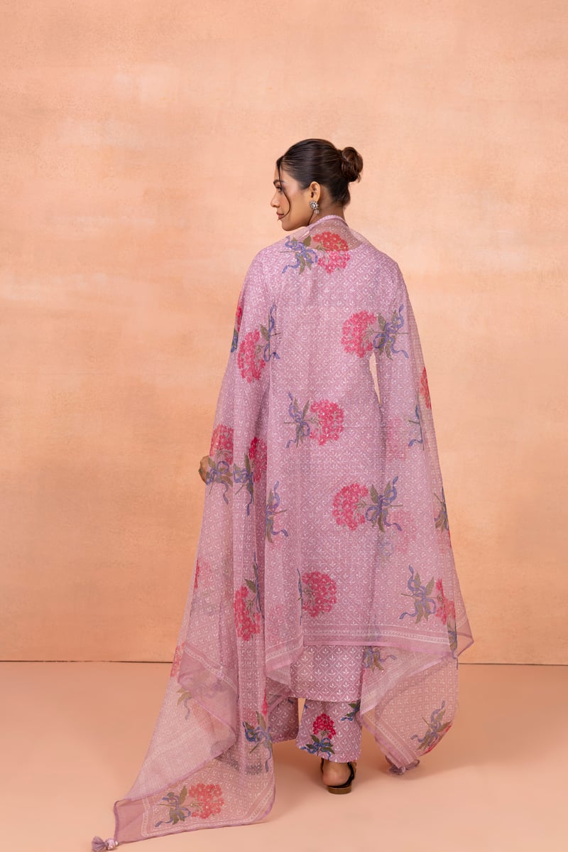 Pink Printed A-Line Cotton Kurta Set with Dupatta