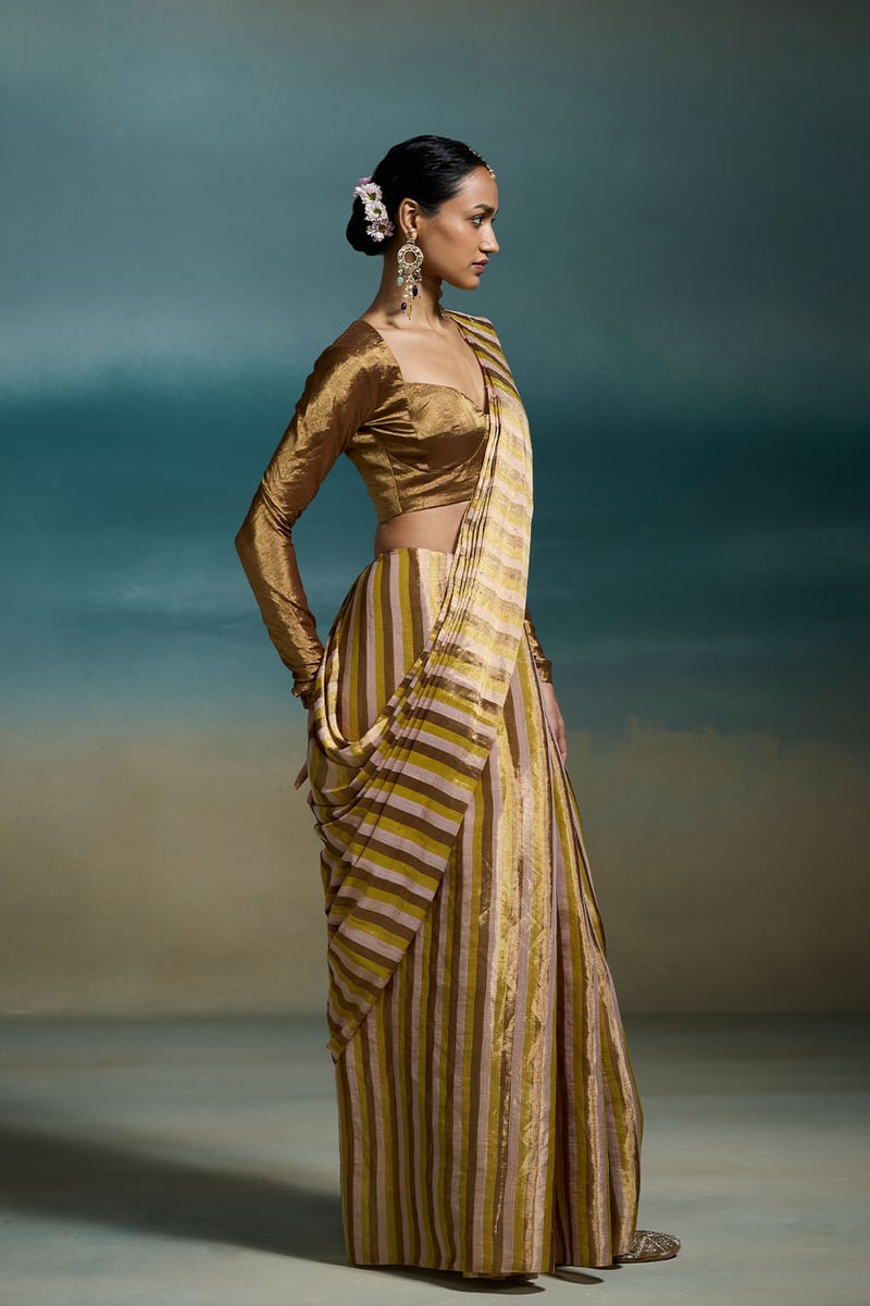 Metallic Peach-Gold Tissue Striped Saree
