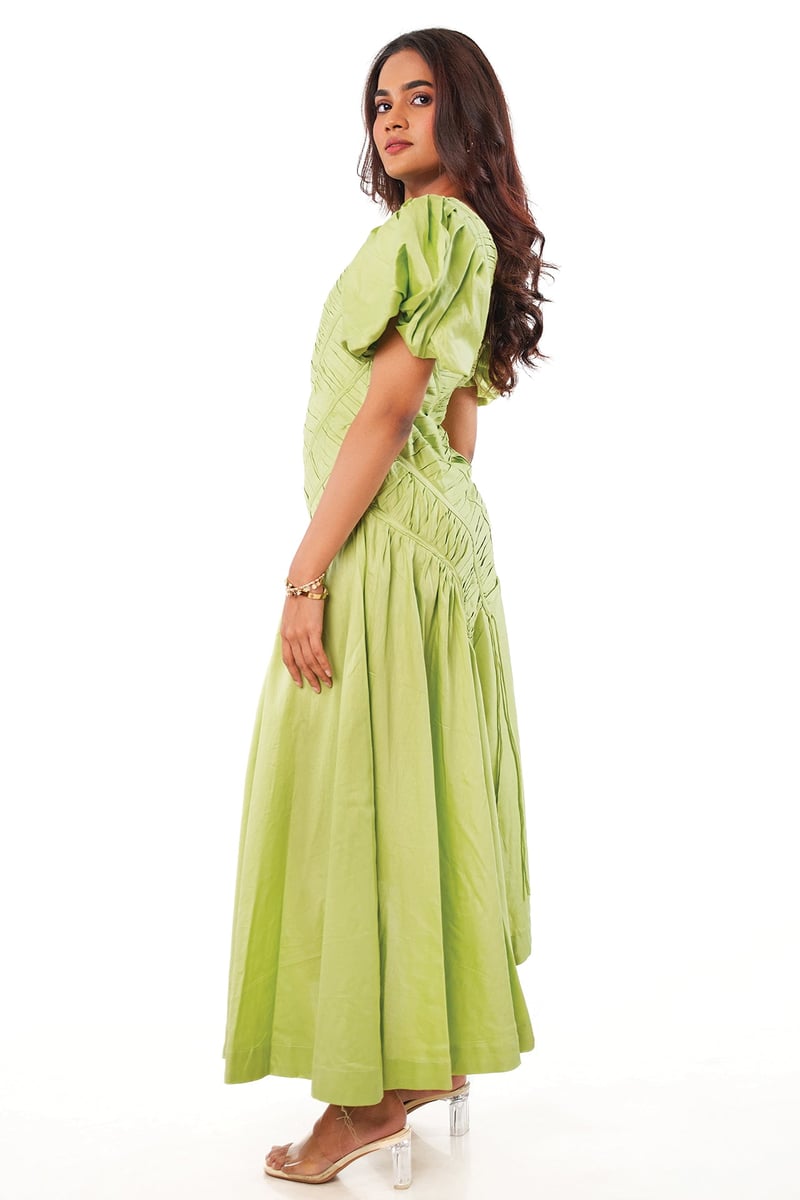 Green Cotton Satin Pleated Bodice Puff Sleeve Midi Dress