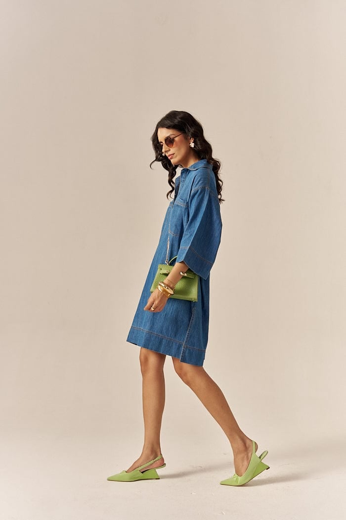 Blue Cotton Slub Denim Relaxed Mini Shirt Dress