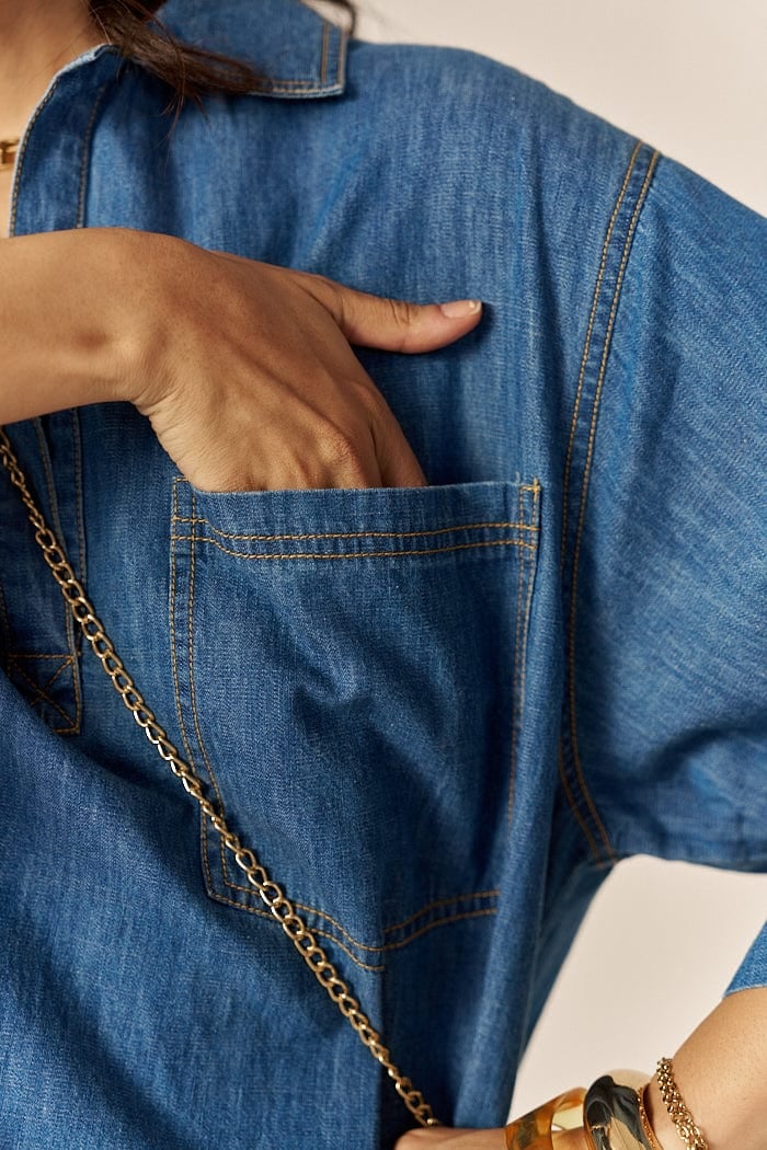 Blue Cotton Slub Denim Relaxed Mini Shirt Dress