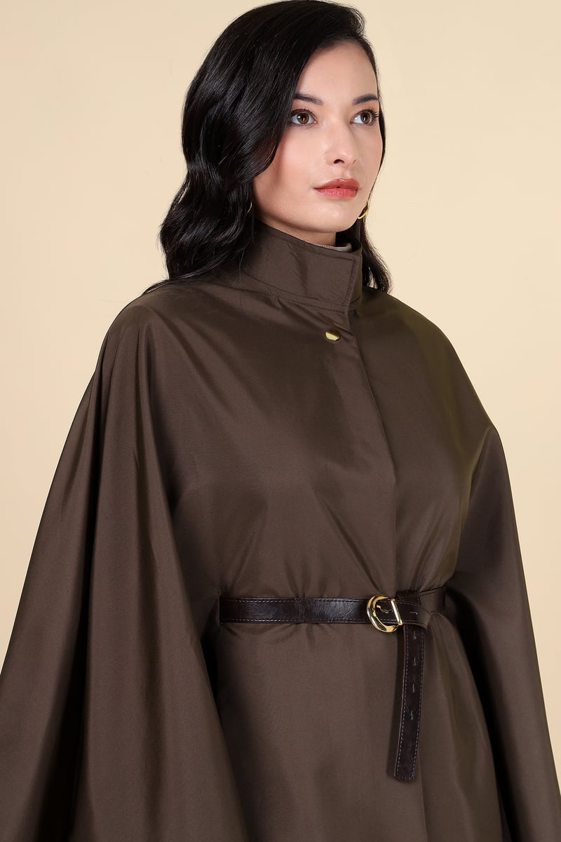 Bordo Brown High Neck Belted Cape-Sleeve Jacket