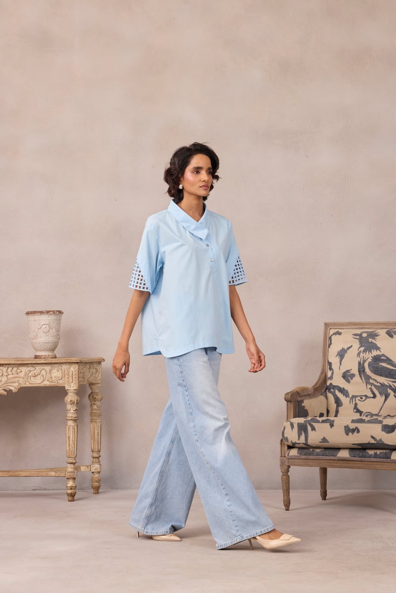 Frost Blue A-Line Shirt with Geometric Mesh Sleeve Inlay
