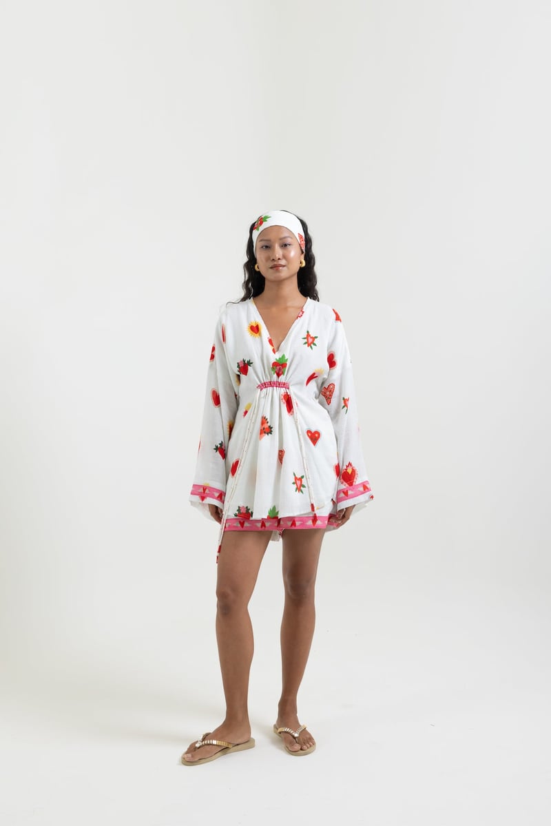 White Heart Print V-Neck Drawstring Waist Top
