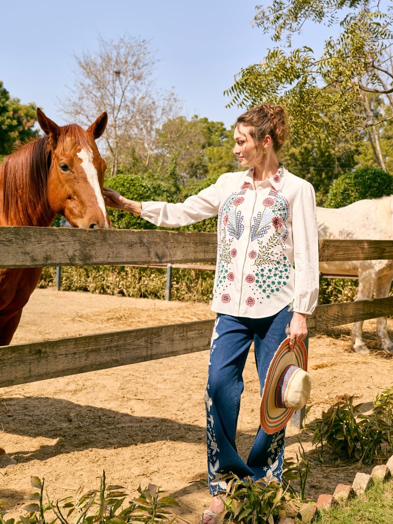 White Embroidered Cotton Button-Down Shirt